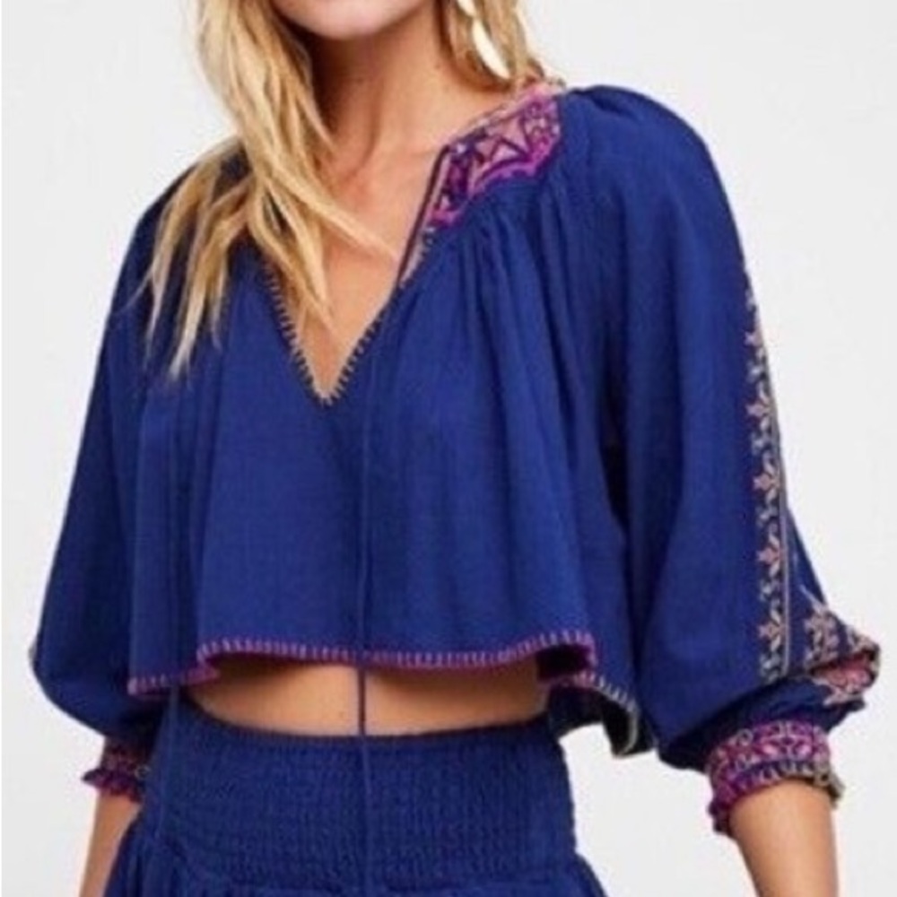Free People Blue Embroidered Blouse